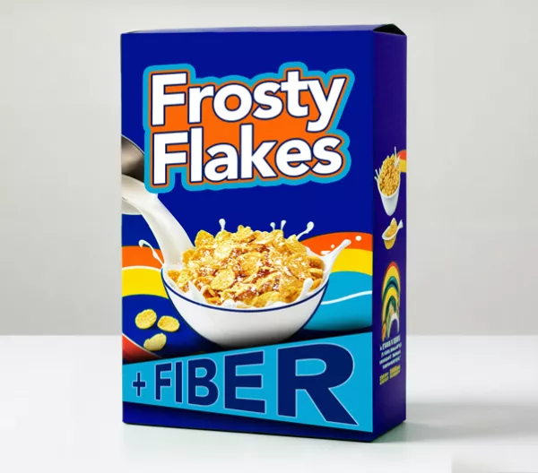 box of fictional cereal called frosty flakes + fiber